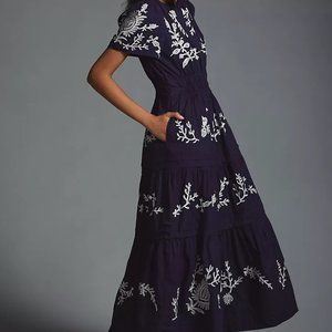 Anthropologie Somerset Embroidered Navy White Boho Dress M